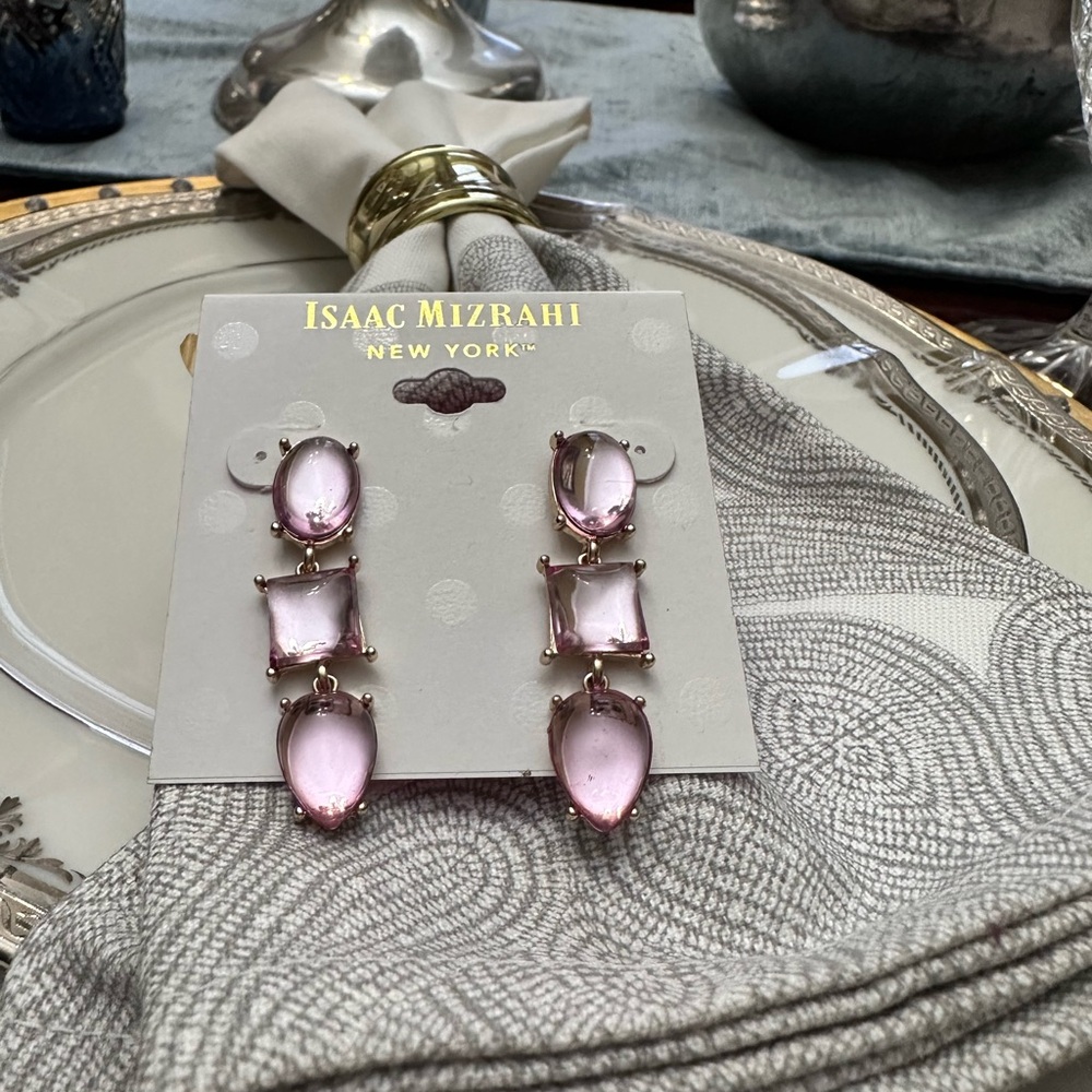 Isaac Mizrahi New York Linear Drop Gold Tone Pink Faceted Stones‎ Earrings NWT - Picture 9 of 9